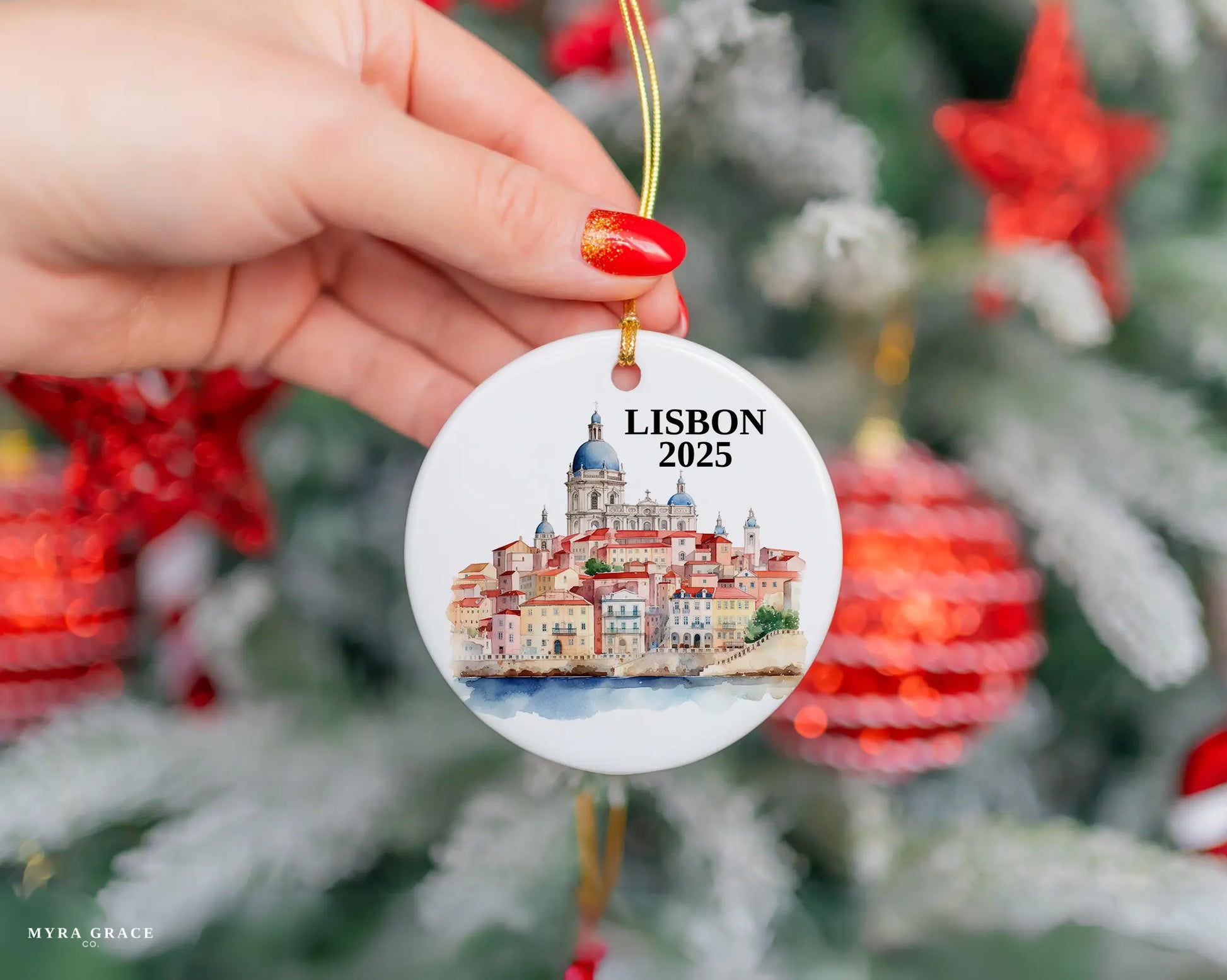 Custom Lisbon Portugal ceramic photo ornament with personalized message – handmade Christmas bauble, gift souvenir, or vacation keepsake.  