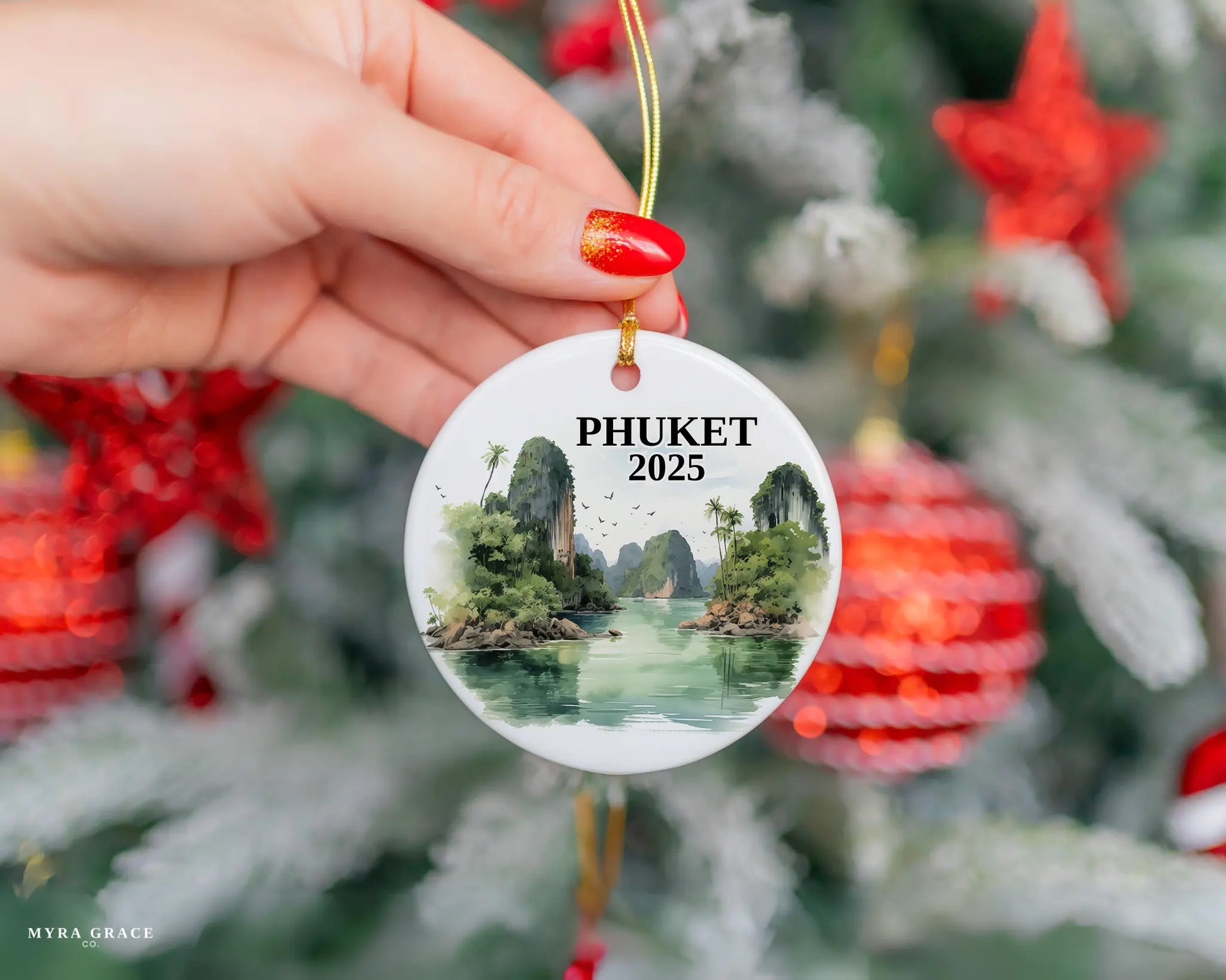 Custom Phuket Thailand ceramic photo ornament with personalized message – handmade Christmas bauble, gift souvenir, or vacation keepsake. 