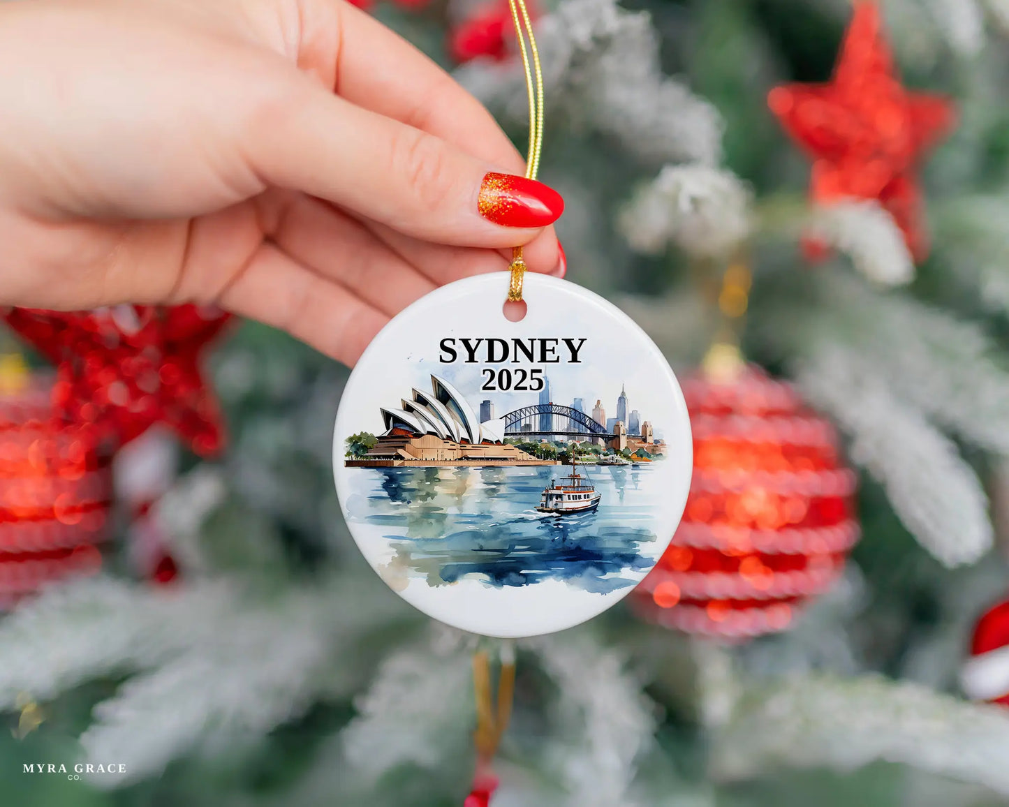 Custom Sydney Australia ceramic photo ornament with personalized message – handmade Christmas bauble, gift souvenir, or vacation keepsake. 