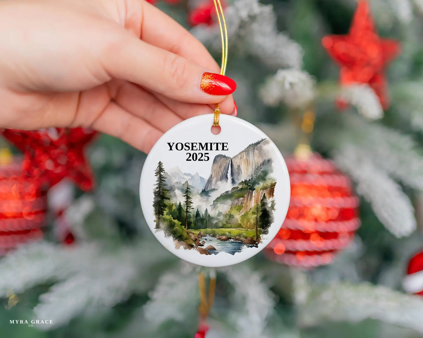 Custom Yosemite National Park ceramic photo ornament with personalized message – handmade Christmas bauble, gift souvenir, or vacation keepsake. 