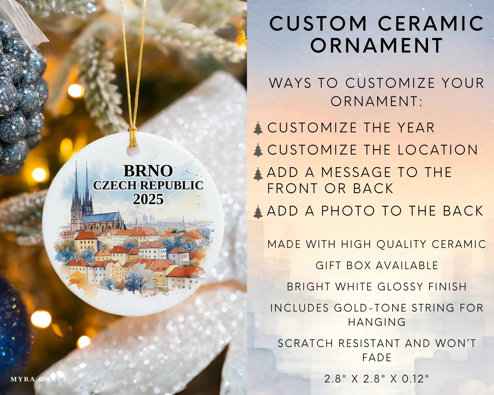 Custom Brno, Czech Republic ceramic photo ornament with personalized message – handmade Christmas bauble, gift souvenir, or vacation keepsake. Infographic