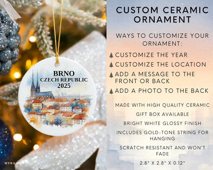 Custom Brno, Czech Republic ceramic photo ornament with personalized message – handmade Christmas bauble, gift souvenir, or vacation keepsake. Infographic