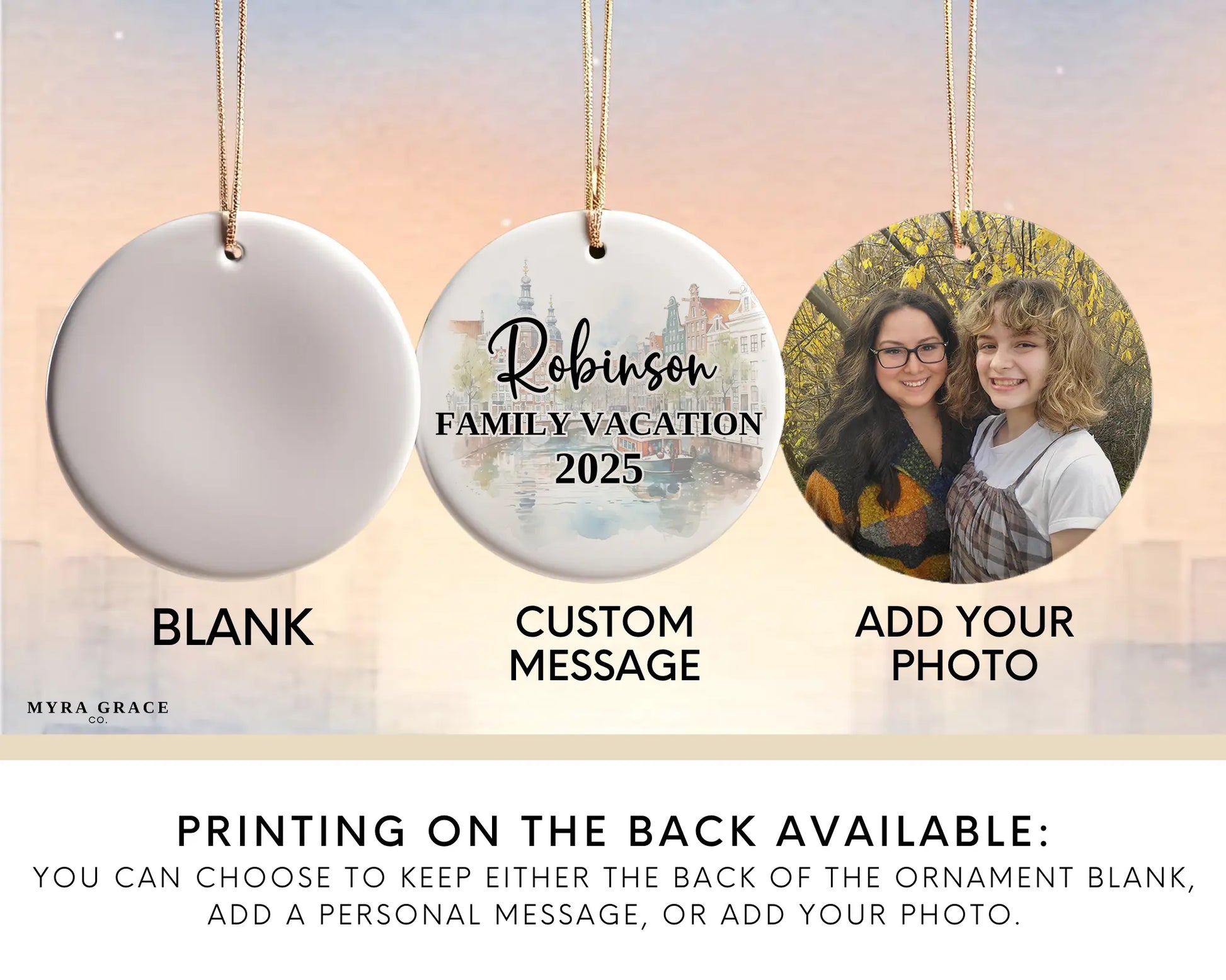 Custom Amsterdam, Netherlands ceramic photo ornament with personalized message – handmade Christmas bauble, gift souvenir, or vacation keepsake. Add your photo