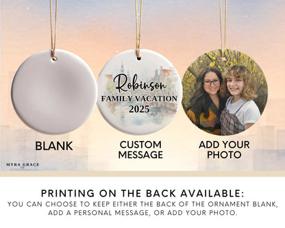 Custom Amsterdam, Netherlands ceramic photo ornament with personalized message – handmade Christmas bauble, gift souvenir, or vacation keepsake. Add your photo