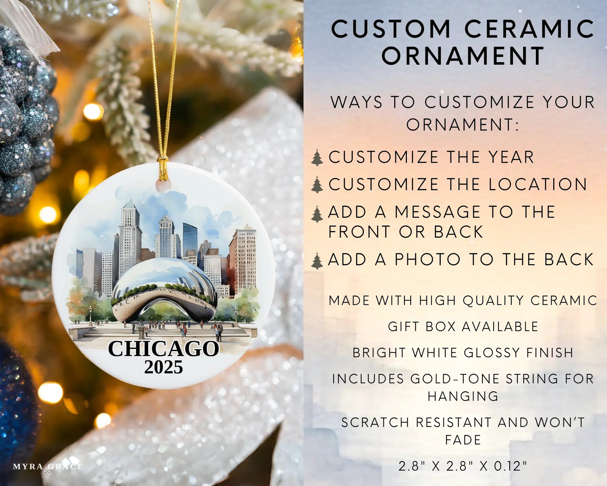 Custom Chicago ceramic photo ornament with personalized message – handmade Christmas bauble, gift souvenir, or vacation keepsake.  Infographic