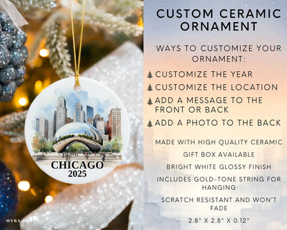 Custom Chicago ceramic photo ornament with personalized message – handmade Christmas bauble, gift souvenir, or vacation keepsake.  Infographic