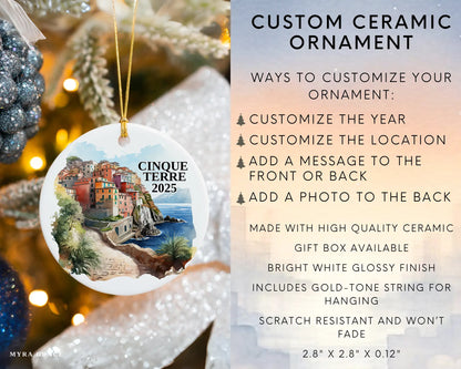 Custom Cinque Terre Italy ceramic photo ornament with personalized message – handmade Christmas bauble, gift souvenir, or vacation keepsake.  Infographic
