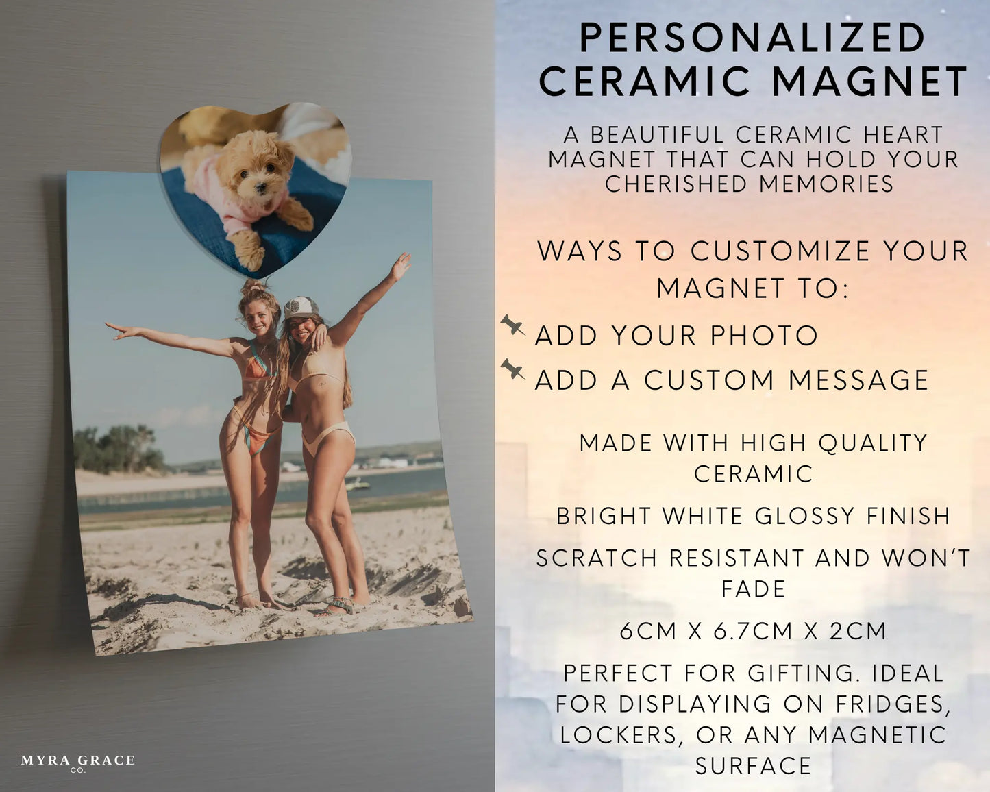 Heart-shaped custom puppy ceramic photo magnet on fridge – handmade personalized gift or Christmas fridge magnet. Infographic