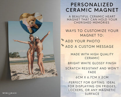 Heart-shaped custom puppy ceramic photo magnet on fridge – handmade personalized gift or Christmas fridge magnet. Infographic