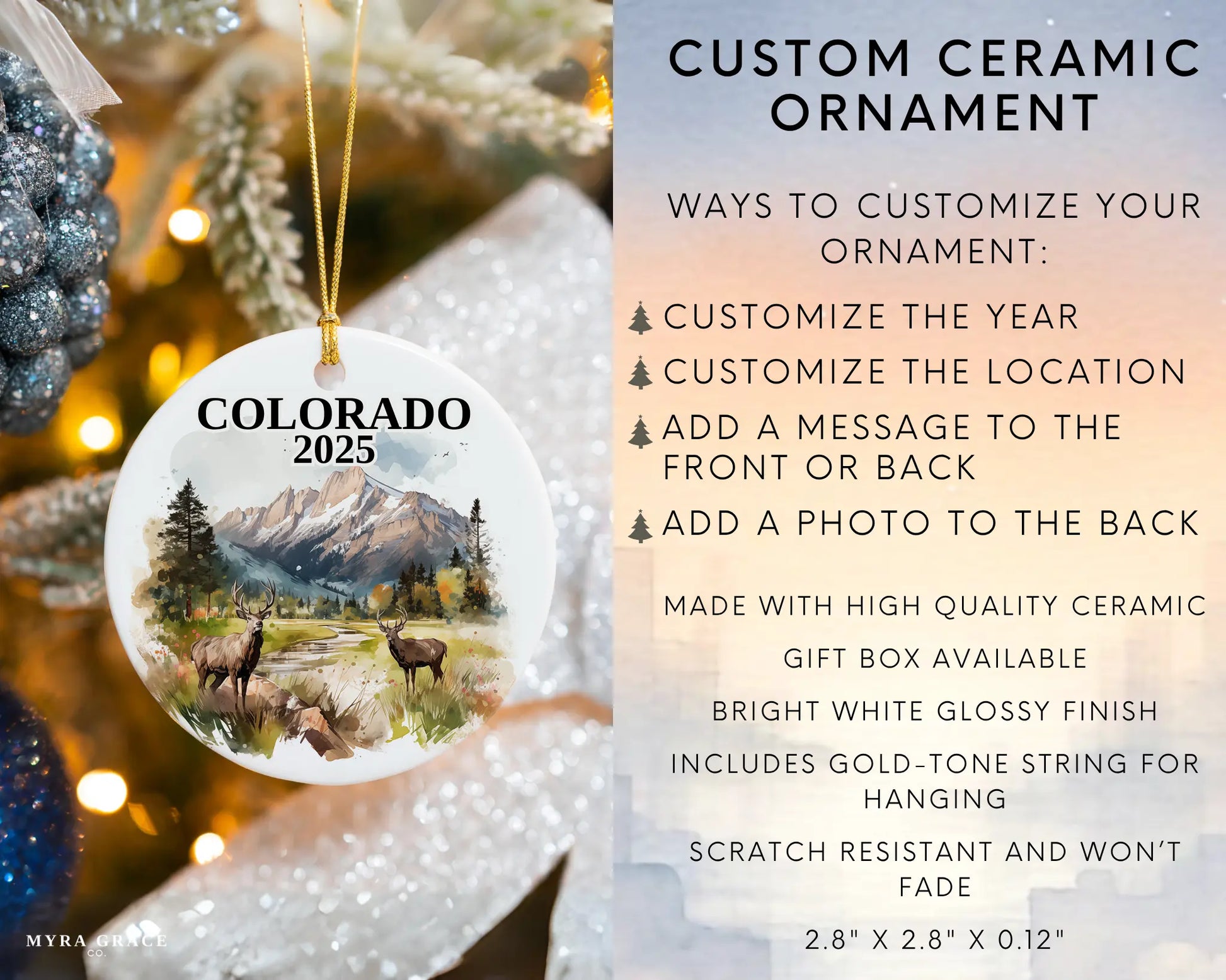 Custom Colorado ceramic photo ornament with personalized message – handmade Christmas bauble, gift souvenir, or vacation keepsake.  infographic