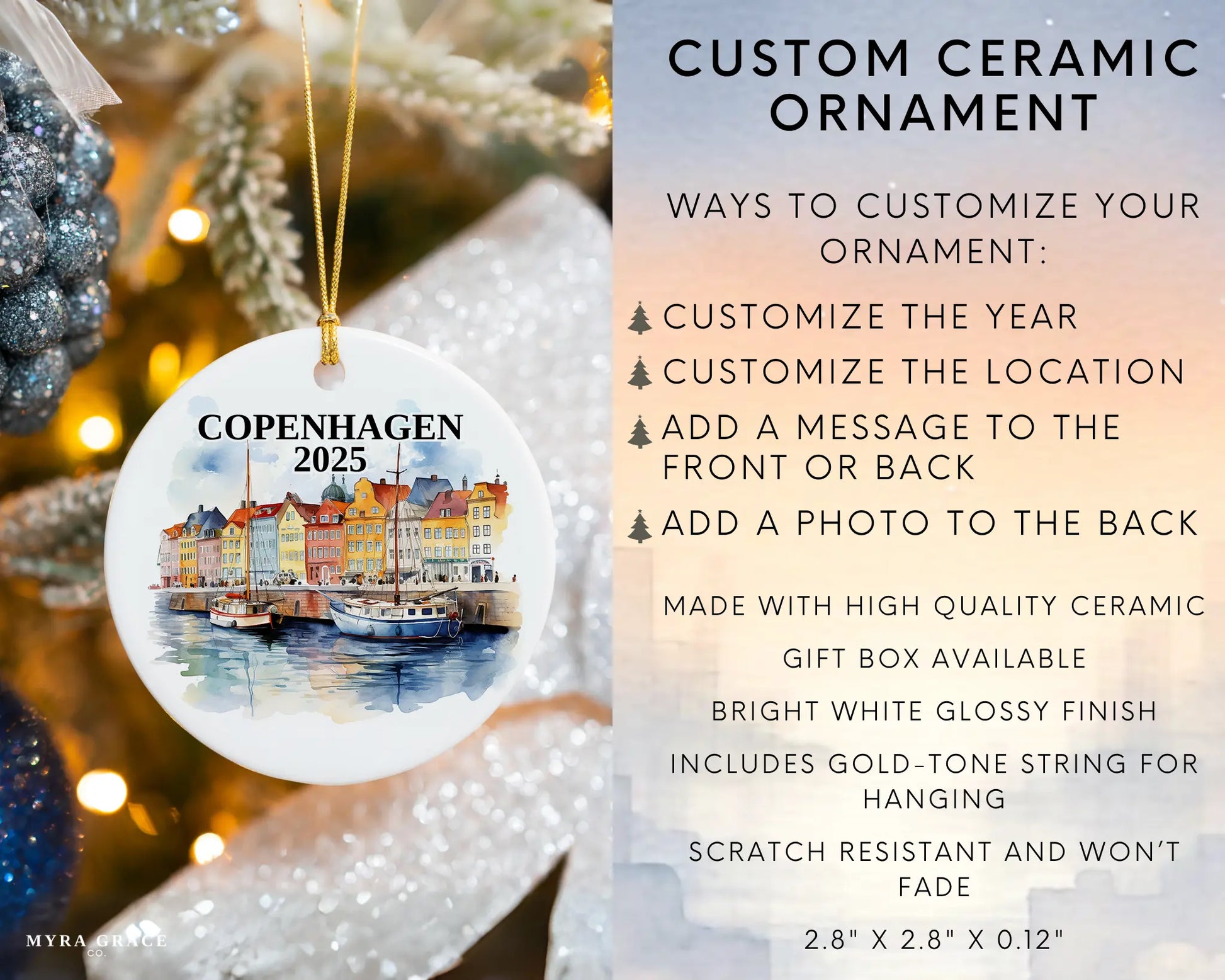 Custom Copenhagen ceramic photo ornament with personalized message – handmade Christmas bauble, gift souvenir, or vacation keepsake.  Infographic