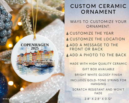 Custom Copenhagen ceramic photo ornament with personalized message – handmade Christmas bauble, gift souvenir, or vacation keepsake.  Infographic