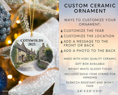 Custom Cotswolds England ceramic photo ornament with personalized message – handmade Christmas bauble, gift souvenir, or vacation keepsake.  Infographic