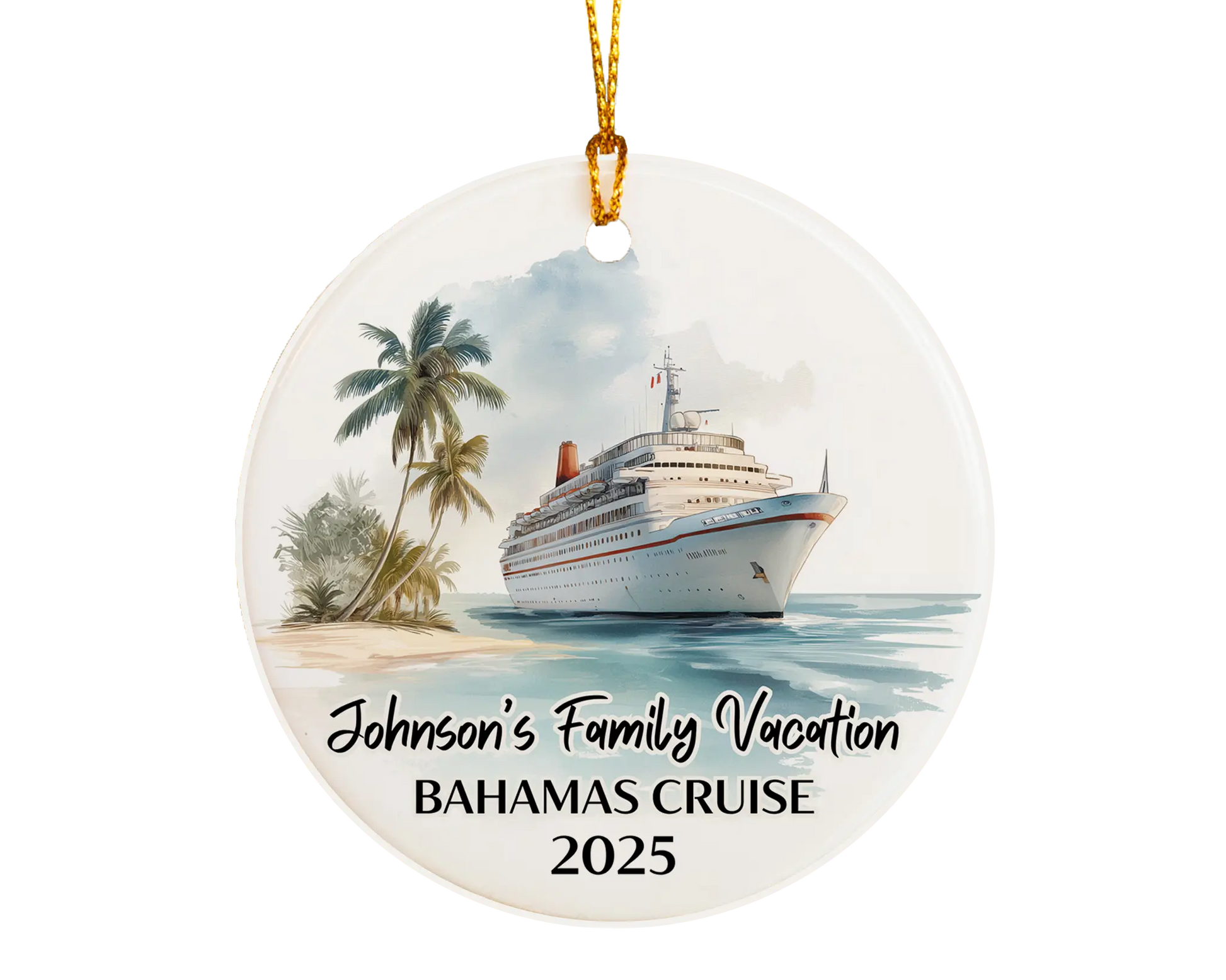 Handmade ceramic Bahamas cruise ornament with personalized location and photo – custom Christmas bauble or cruise vacation souvenir.