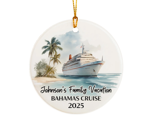Handmade ceramic Bahamas cruise ornament with personalized location and photo – custom Christmas bauble or cruise vacation souvenir.