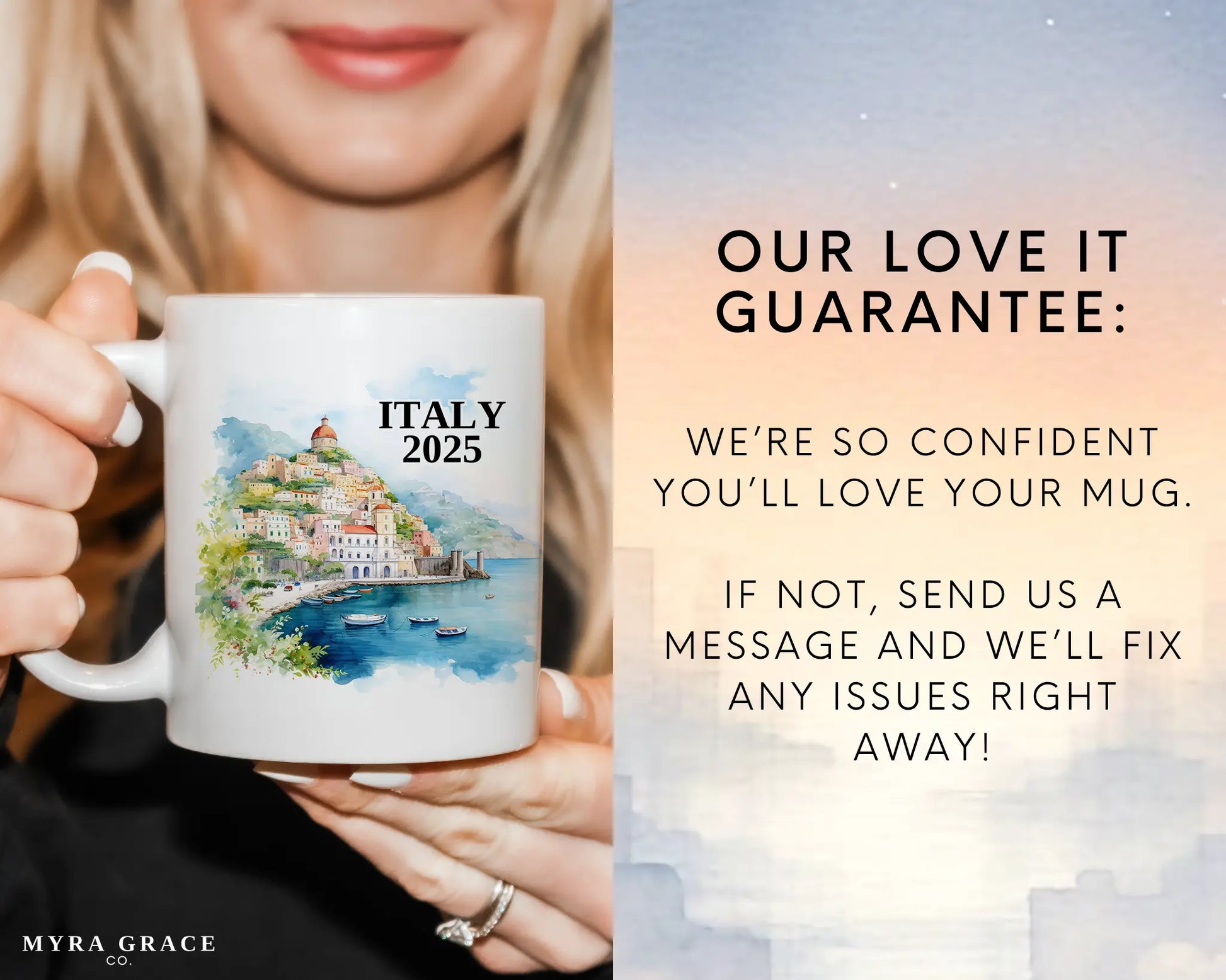 Custom ceramic Italy Amalfi Coast vacation mug with watercolor location design, date, and personal photo – personalized travel gift or photo mug. Love it guarantee