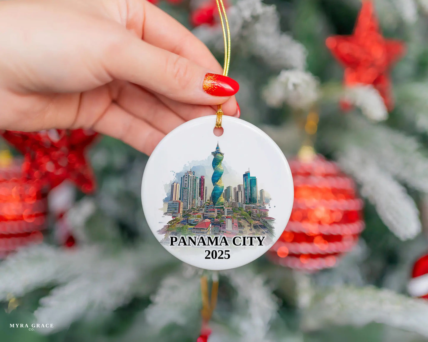 Custom Panama City ceramic photo ornament with personalized message – handmade Christmas bauble, gift souvenir, or vacation keepsake. 