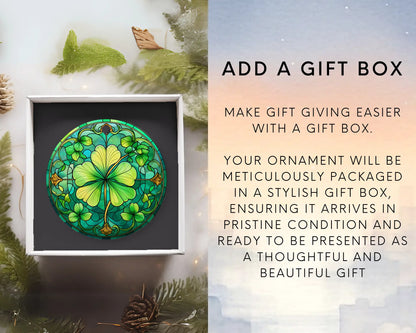 Ceramic ornament with shamrocks and clovers – non-customizable lucky charm gift or seasonal keepsake. Add gift box