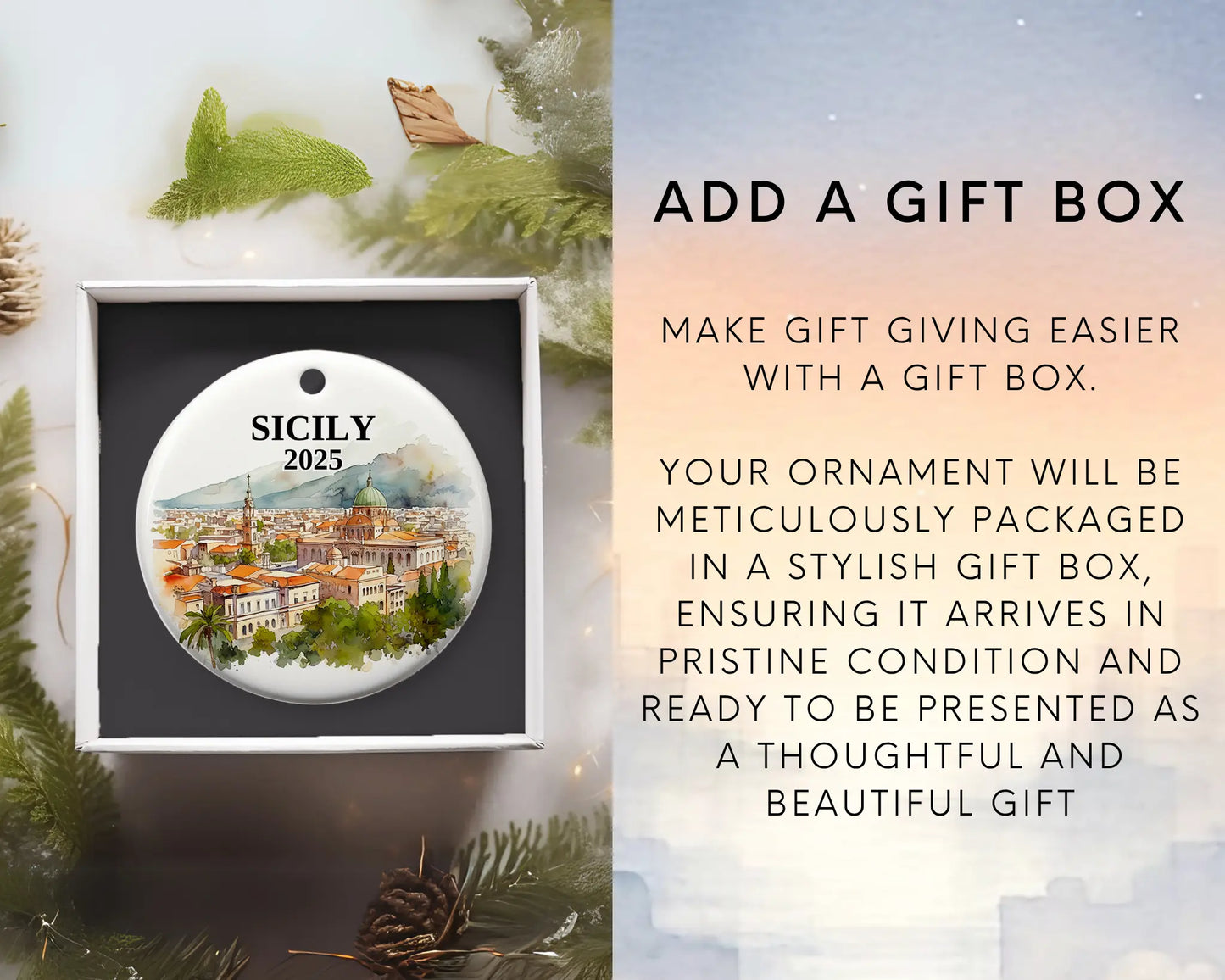 Sicily Italy Ornament Custom Gift Souvenir Bauble. Custom Sicily Italy ceramic photo ornament with personalized message – handmade Christmas bauble, gift souvenir, or vacation keepsake.  Add gift box