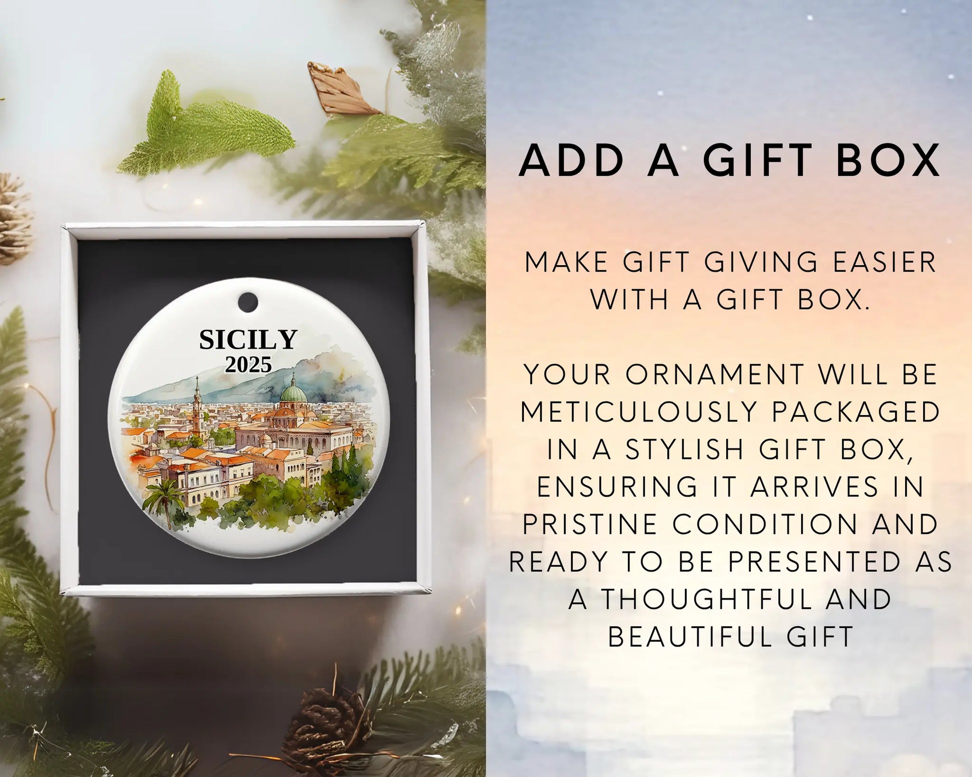 Sicily Italy Ornament Custom Gift Souvenir Bauble. Custom Sicily Italy ceramic photo ornament with personalized message – handmade Christmas bauble, gift souvenir, or vacation keepsake.  Add gift box
