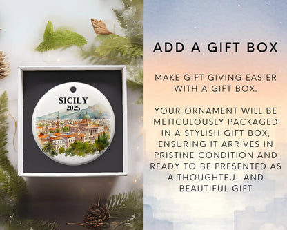 Sicily Italy Ornament Custom Gift Souvenir Bauble. Custom Sicily Italy ceramic photo ornament with personalized message – handmade Christmas bauble, gift souvenir, or vacation keepsake.  Add gift box