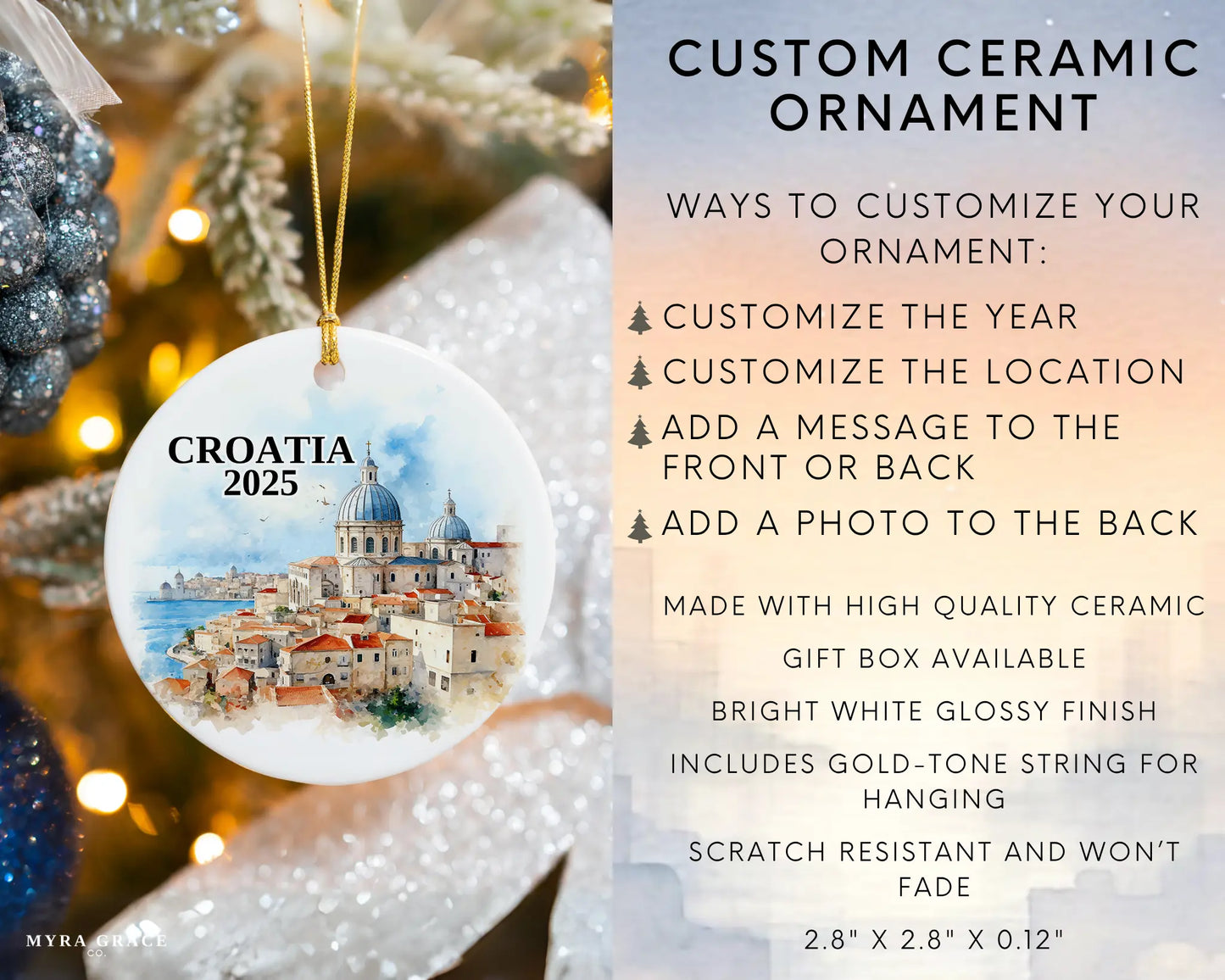 Custom Croatia ceramic photo ornament with personalized message – handmade Christmas bauble, gift souvenir, or vacation keepsake.  Infographic