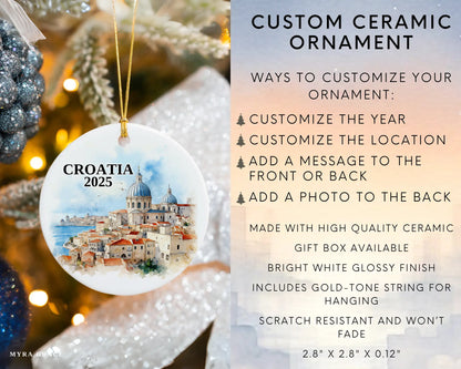 Custom Croatia ceramic photo ornament with personalized message – handmade Christmas bauble, gift souvenir, or vacation keepsake.  Infographic