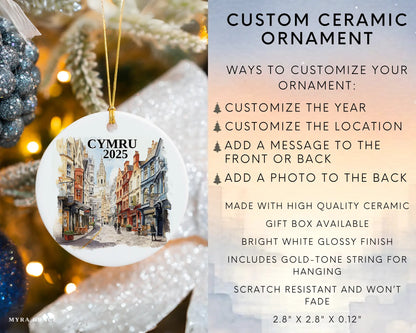 Custom Cymru Wales ceramic photo ornament with personalized message – handmade Christmas bauble, gift souvenir, or vacation keepsake.  Infographic