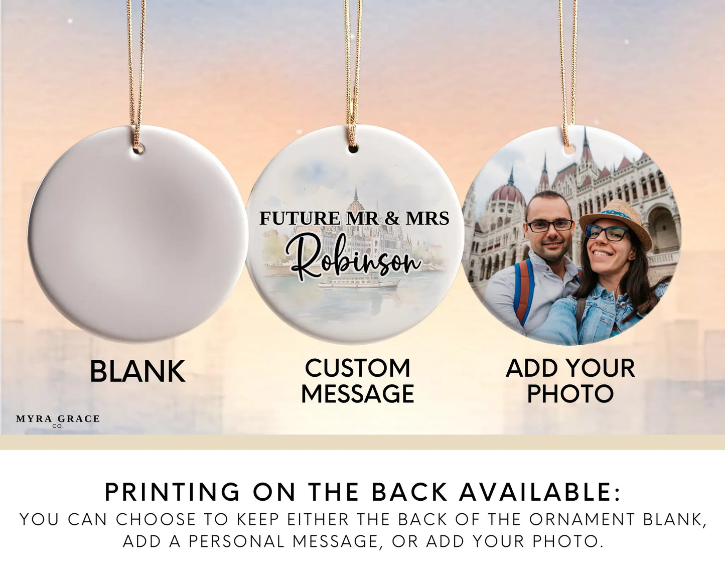Budapest Engagement Ornament Custom Gift Souvenir Bauble Present. Photo Ornament. Add your photo