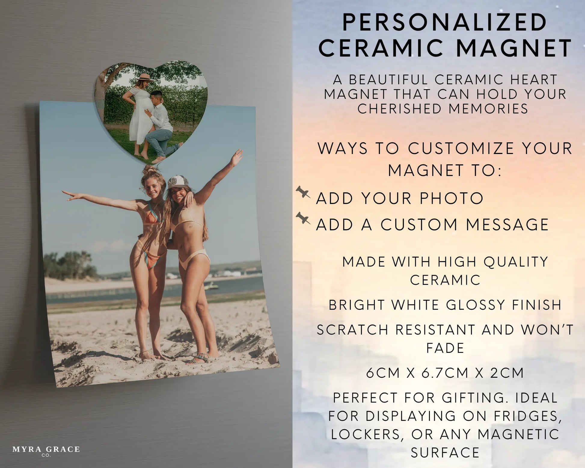 Heart-shaped custom pregnancy ceramic photo magnet on fridge – handmade personalized gift or Christmas fridge magnet. Infographic