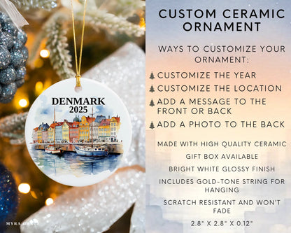 Custom Denmark ceramic photo ornament with personalized message – handmade Christmas bauble, gift souvenir, or vacation keepsake.  Infographic