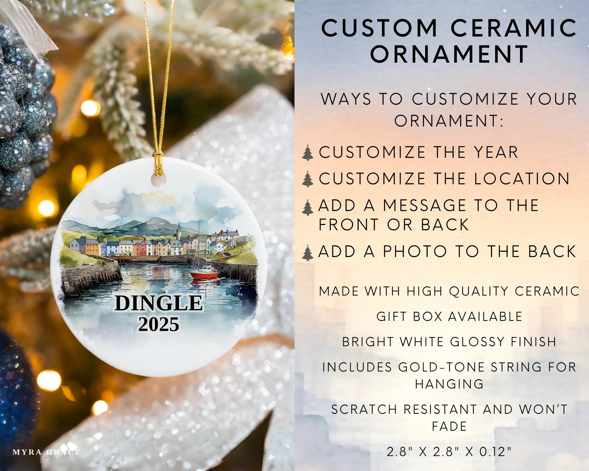 Custom Dingle Ireland ceramic photo ornament with personalized message – handmade Christmas bauble, gift souvenir, or vacation keepsake.  Infographic