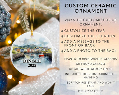 Custom Dingle Ireland ceramic photo ornament with personalized message – handmade Christmas bauble, gift souvenir, or vacation keepsake.  Infographic
