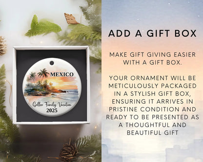 Custom vacation Mexico ceramic photo ornament with personalized message – handmade Christmas bauble, gift souvenir, or vacation keepsake. Add gift box