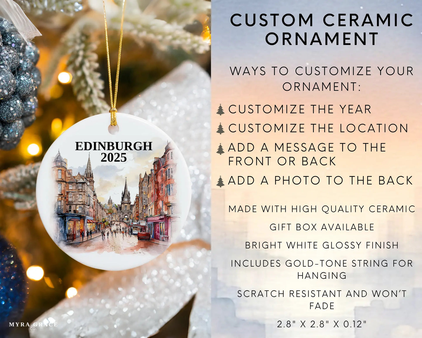 Custom Edinburgh ceramic photo ornament with personalized message – handmade Christmas bauble, gift souvenir, or vacation keepsake.  infographic