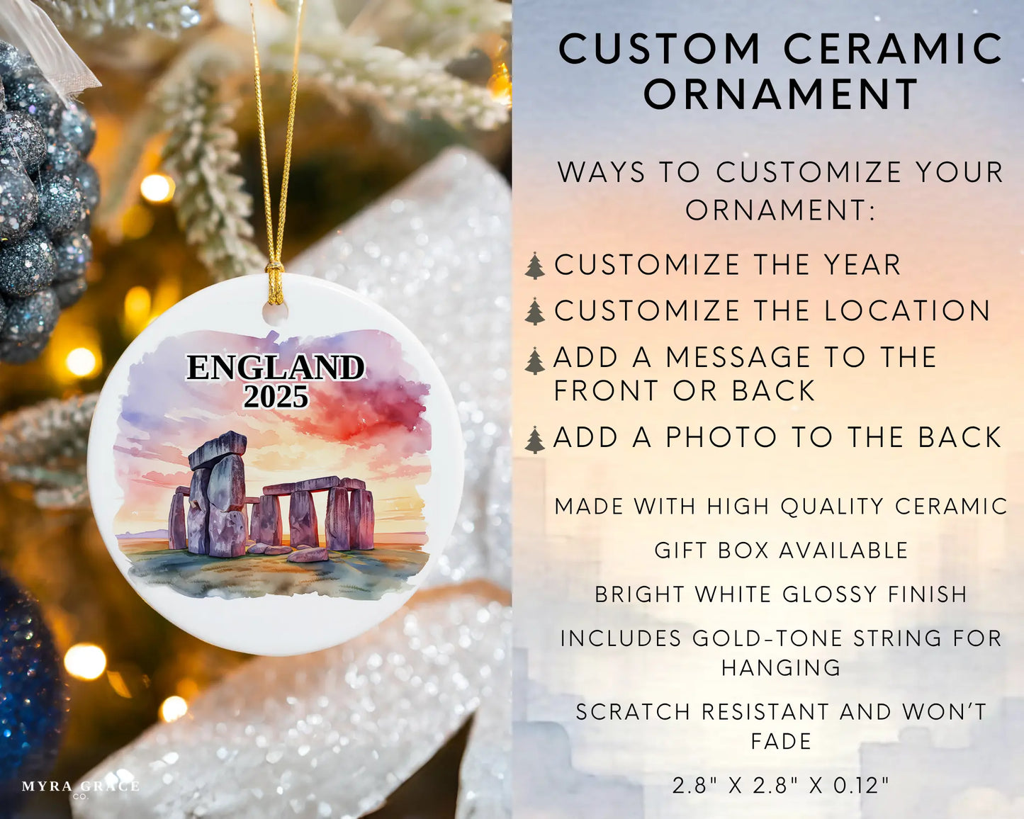 Custom Stonehenge England ceramic photo ornament with personalized message – handmade Christmas bauble, gift souvenir, or vacation keepsake.  Infographic