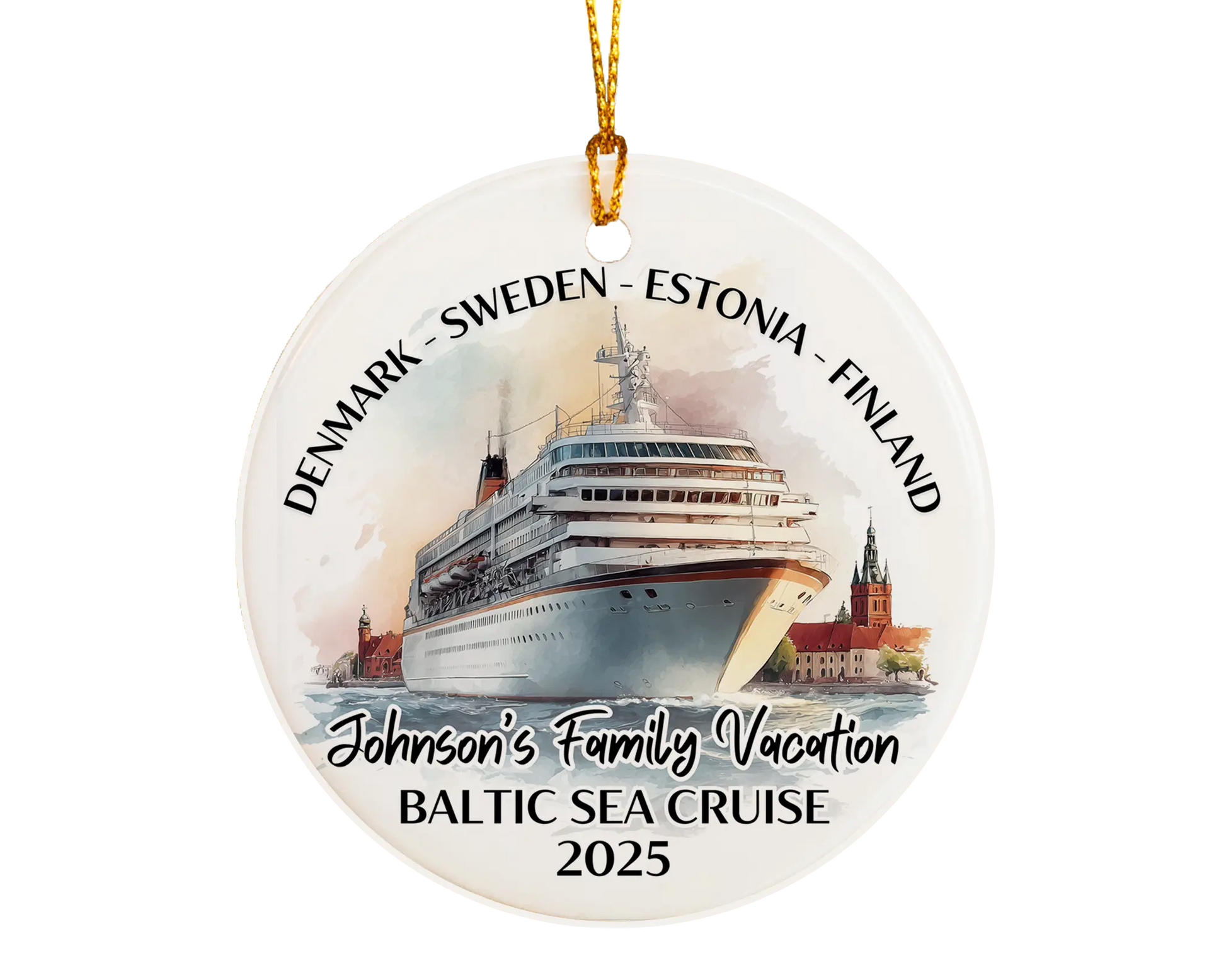 Handmade ceramic Baltic Sea Scandinavia cruise ornament with personalized location and photo – custom Christmas bauble or cruise vacation souvenir.