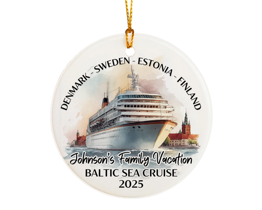 Handmade ceramic Baltic Sea Scandinavia cruise ornament with personalized location and photo – custom Christmas bauble or cruise vacation souvenir.