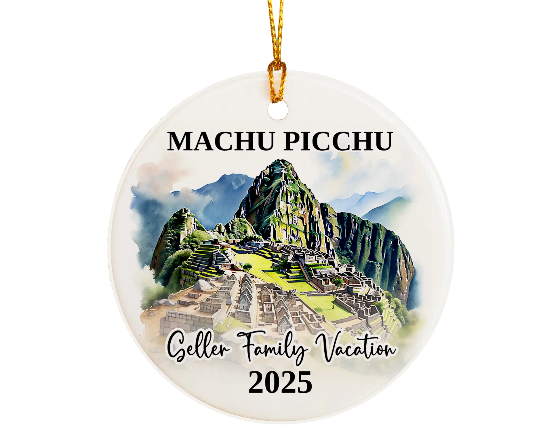 Custom vacation Machu Picchu ceramic photo ornament with personalized message – handmade Christmas bauble, gift souvenir, or vacation keepsake. 