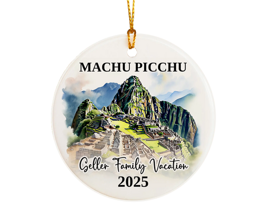 Custom vacation Machu Picchu ceramic photo ornament with personalized message – handmade Christmas bauble, gift souvenir, or vacation keepsake. 