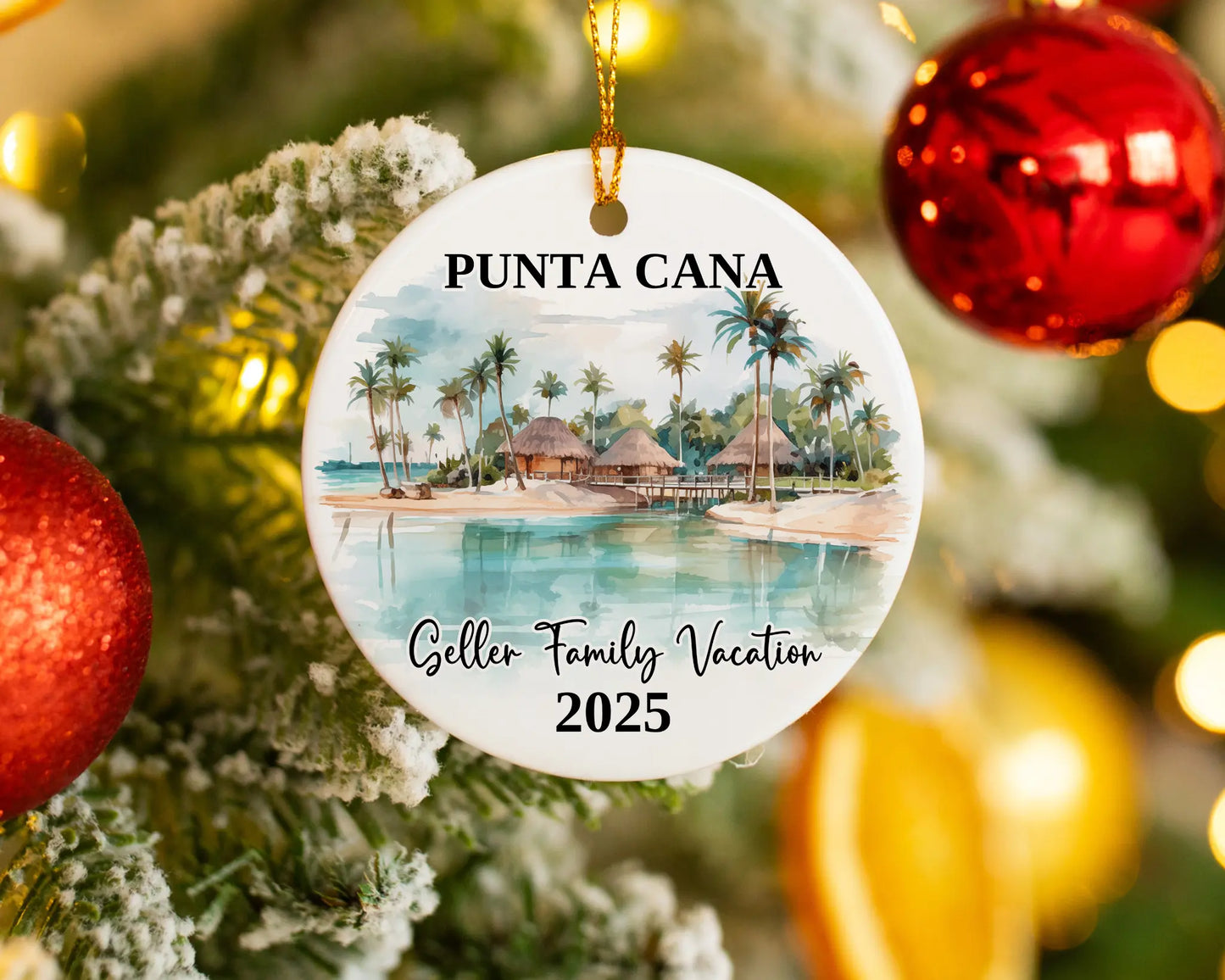 Custom vacation Punta Cana ceramic photo ornament with personalized message – handmade Christmas bauble, gift souvenir, or vacation keepsake. 
