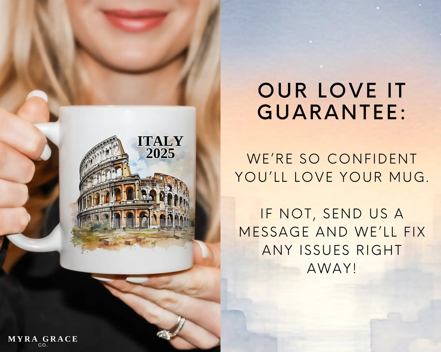 Custom ceramic Italy Colosseum vacation mug with watercolor location design, date, and personal photo – personalized travel gift or photo mug. Love it guarantee