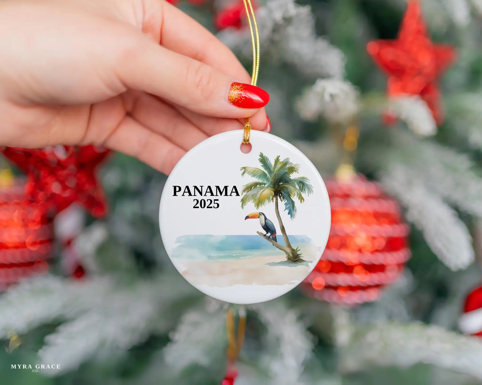 Custom Panama ceramic photo ornament with personalized message – handmade Christmas bauble, gift souvenir, or vacation keepsake. 
