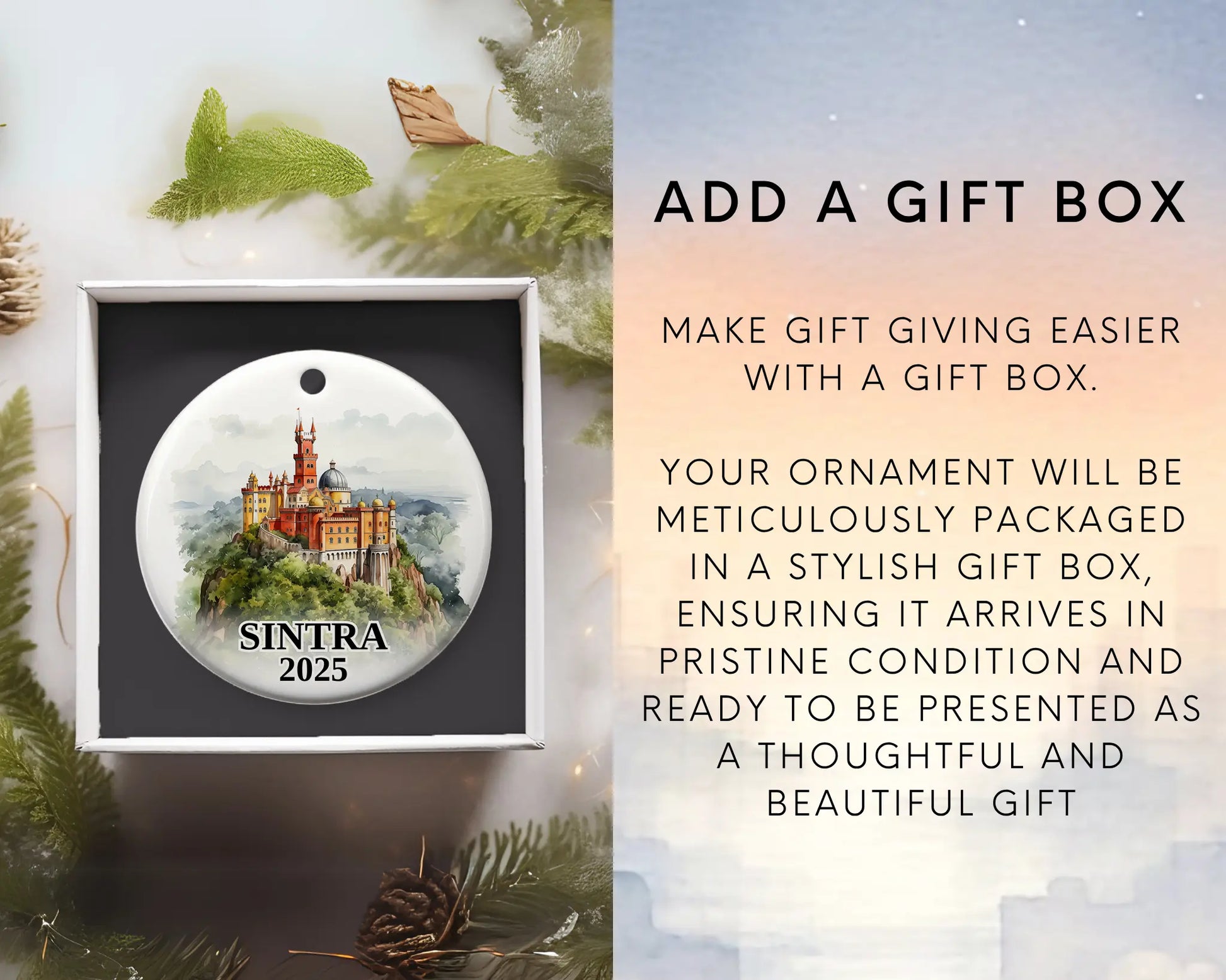 Sintra Portugal Ornament Custom Gift Souvenir Bauble. Custom Sintra Portugal ceramic photo ornament with personalized message – handmade Christmas bauble, gift souvenir, or vacation keepsake.  Add gift box