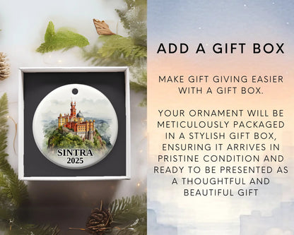 Sintra Portugal Ornament Custom Gift Souvenir Bauble. Custom Sintra Portugal ceramic photo ornament with personalized message – handmade Christmas bauble, gift souvenir, or vacation keepsake.  Add gift box