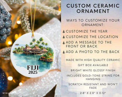Custom Fiji ceramic photo ornament with personalized message – handmade Christmas bauble, gift souvenir, or vacation keepsake.  infographic