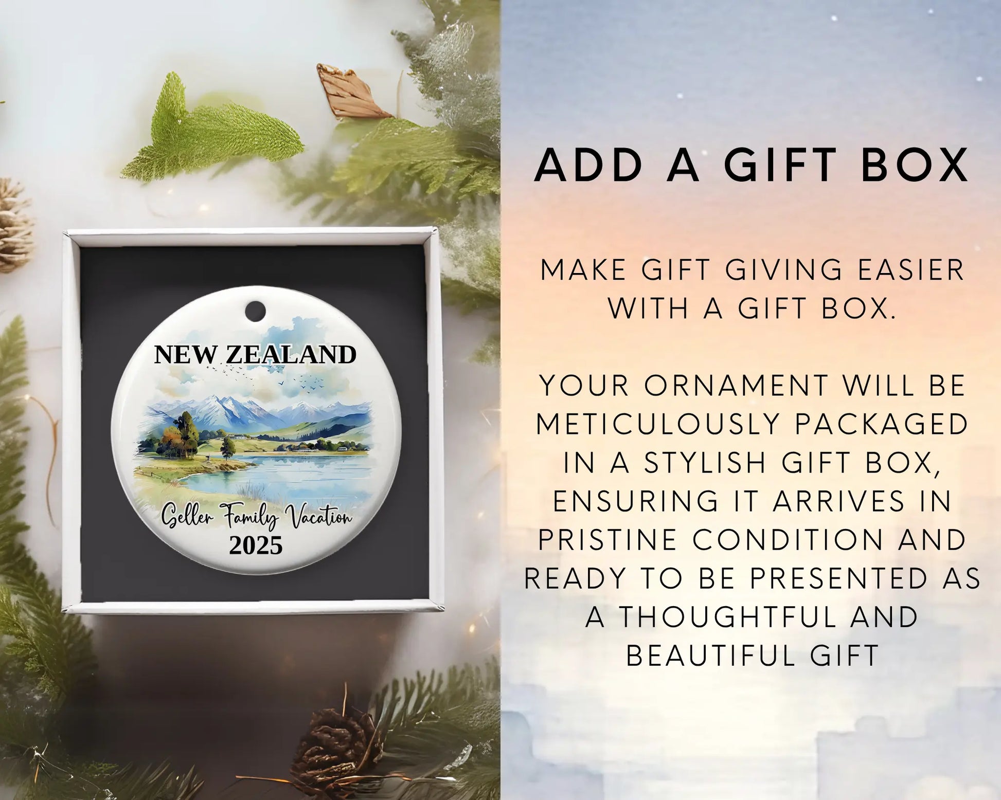 Custom vacation New Zealand ceramic photo ornament with personalized message – handmade Christmas bauble, gift souvenir, or vacation keepsake. Add gift box