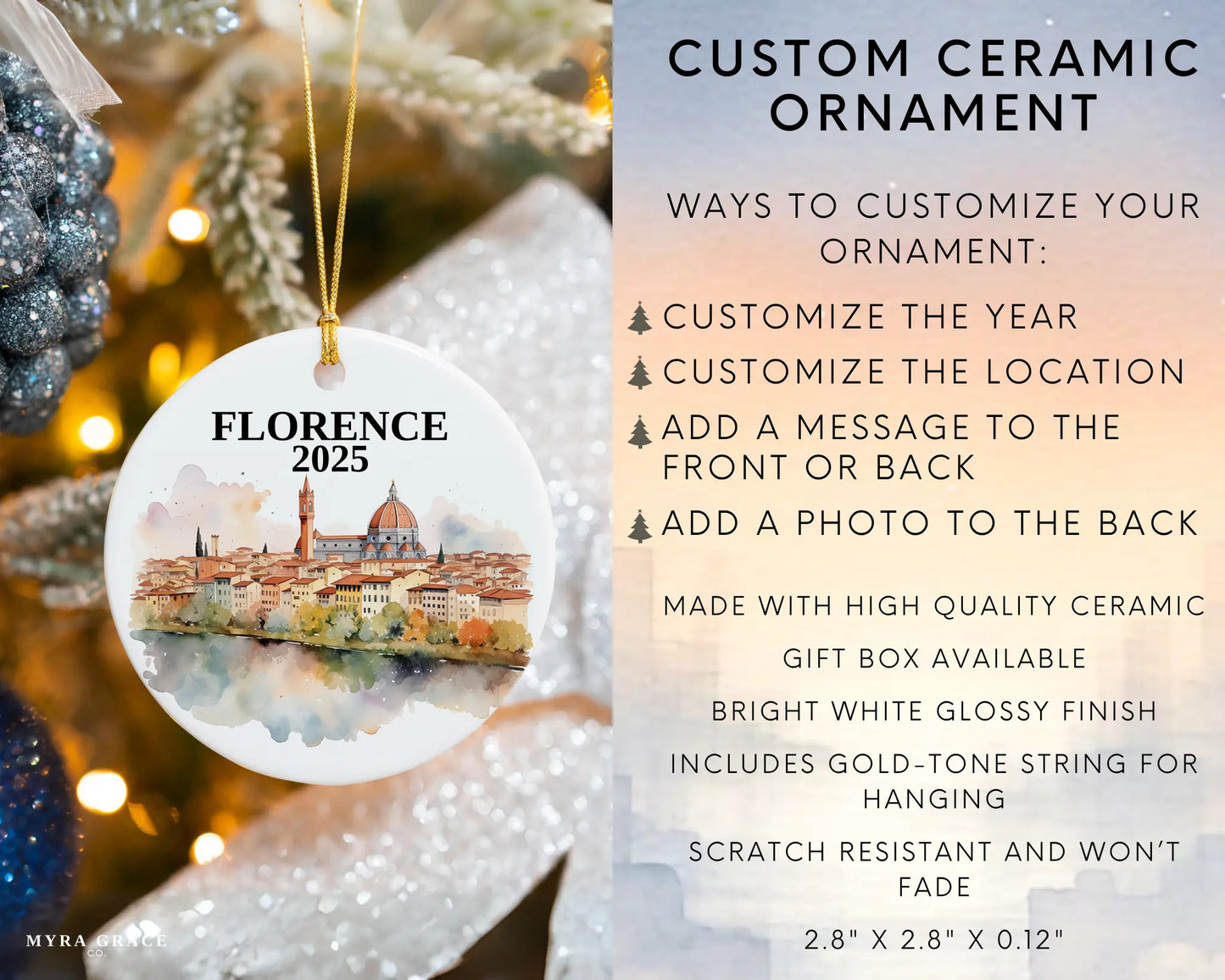 Custom Florence Italy ceramic photo ornament with personalized message – handmade Christmas bauble, gift souvenir, or vacation keepsake.  infographic