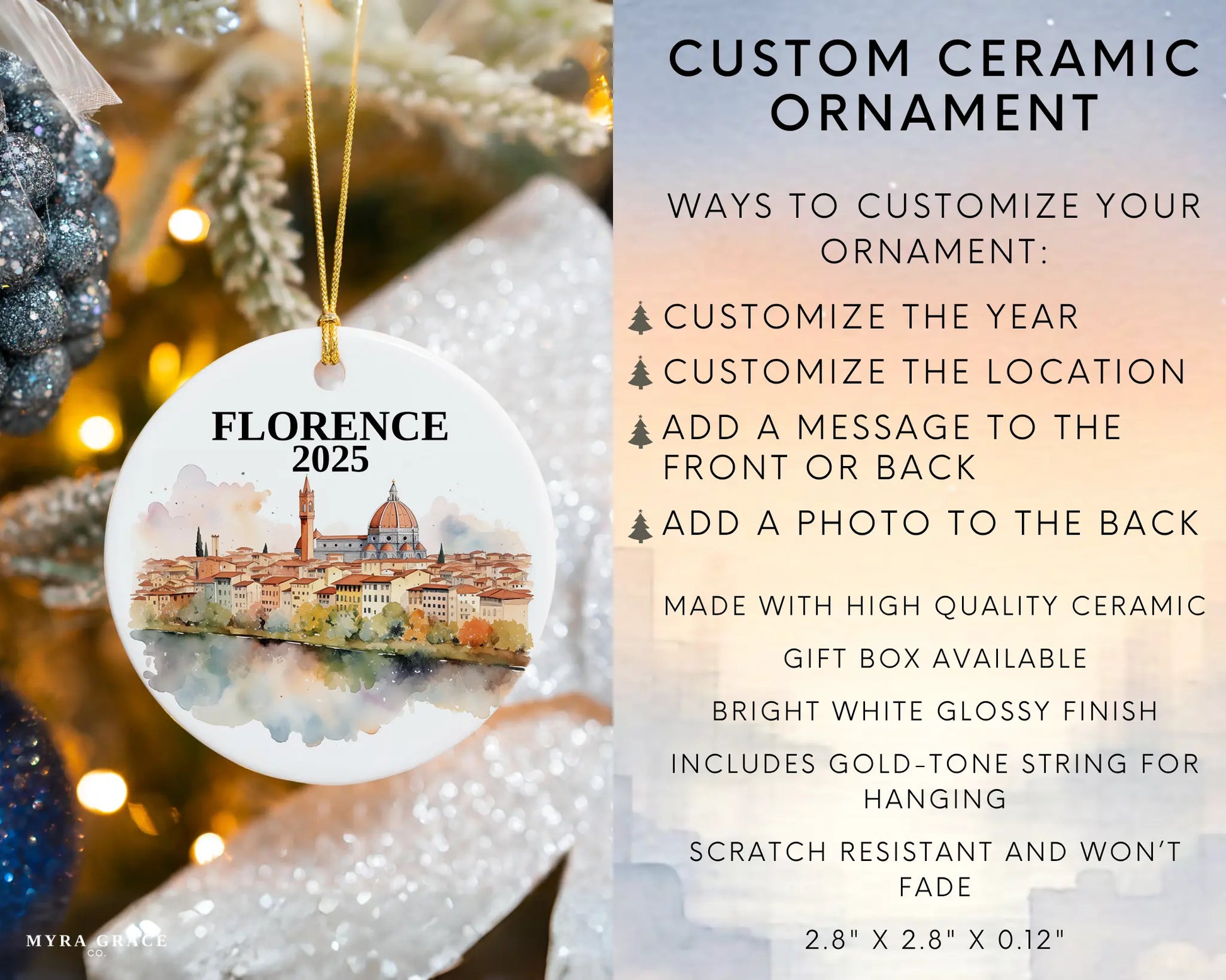 Custom Florence Italy ceramic photo ornament with personalized message – handmade Christmas bauble, gift souvenir, or vacation keepsake.  infographic