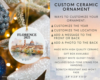 Custom Florence Italy ceramic photo ornament with personalized message – handmade Christmas bauble, gift souvenir, or vacation keepsake.  infographic